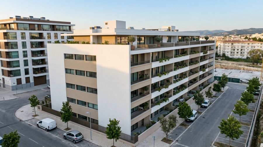 Simulação: esquina do edifício e arruamento arborizado