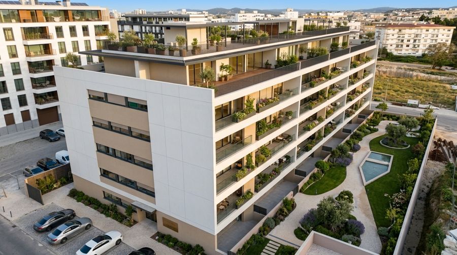 Simulação: jardim com oliveiras e espelhos de água