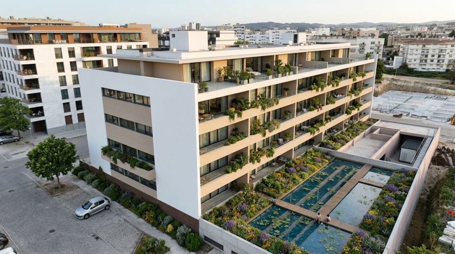 Simulação: vista aérea com jardins e lagos