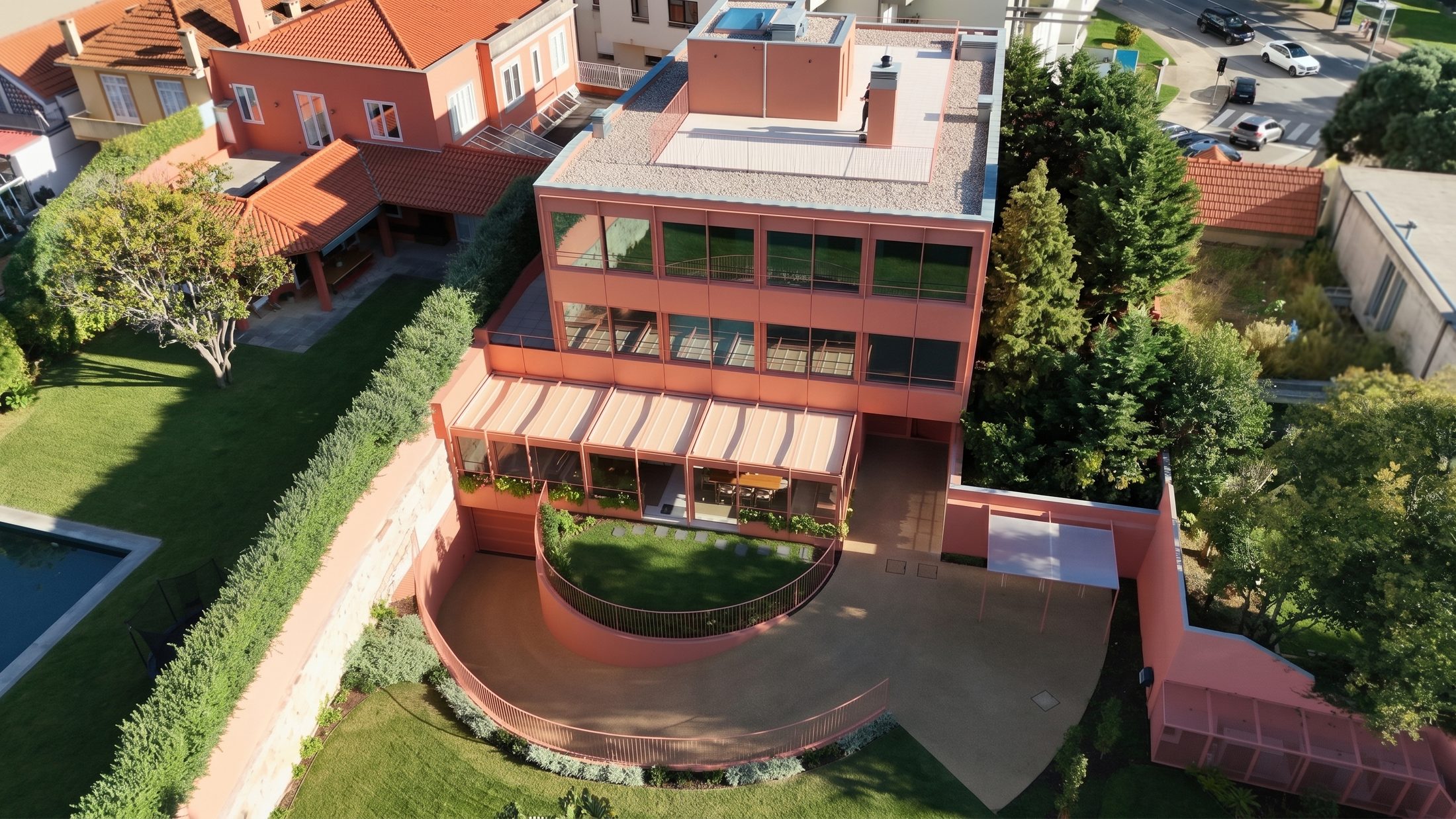 Vista aérea do edifício e do jardim